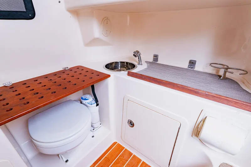  Yacht Photos Pics 2021 Grady-White Canyon 306 boat interior with toilet, sink, and wooden accents.