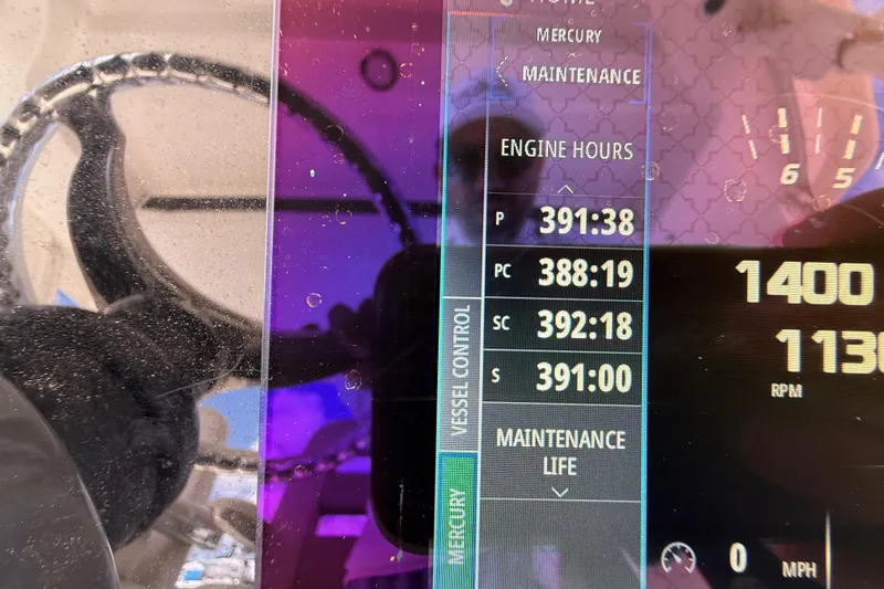  Yacht Photos Pics 2017 Boston Whaler 420 Outrage dashboard showing engine hours and RPM display.