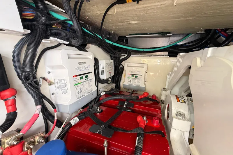  Yacht Photos Pics Engine compartment of a 2017 Boston Whaler 420 Outrage with electrical components and wiring.