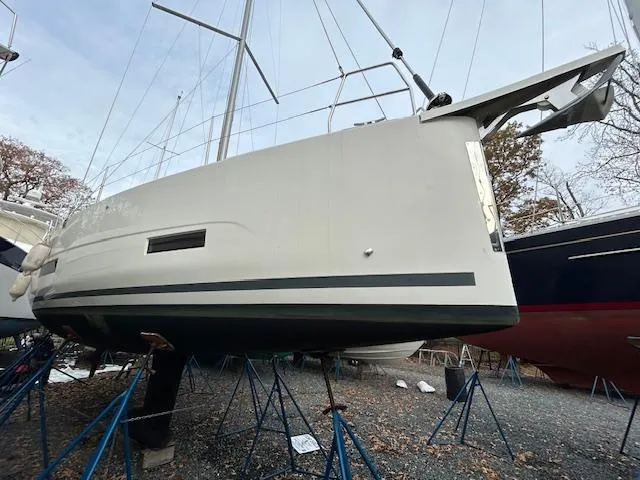 Sirene Yacht Photos Pics 2019 Dufour 390 GL sailboat on stands, ready for maintenance or storage.