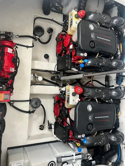  Yacht Photos Pics Engine room of a 2019 Monterey 378 Super Express boat with twin Volvo Penta engines.