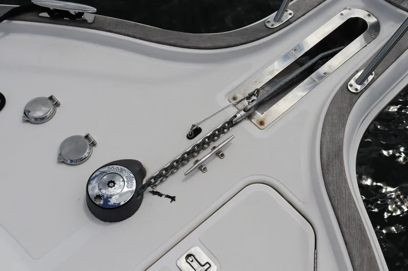 Cara Mia Yacht Photos Pics 2012 Tiara Yachts 3100 Coronet deck with anchor chain and fittings.