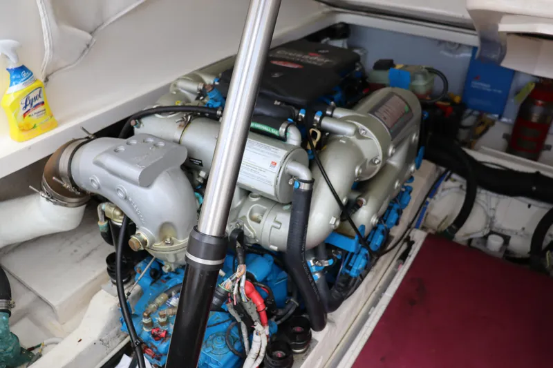 Cara Mia Yacht Photos Pics Engine compartment of 2012 Tiara Yachts 3100 Coronet, showcasing detailed mechanical components.