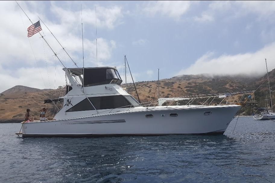 1974 Pacemaker 48 Sportfisherman yacht anchored near scenic coastline.