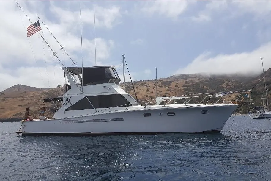 1974 Pacemaker 48 Sportfisherman yacht anchored near scenic coastline.