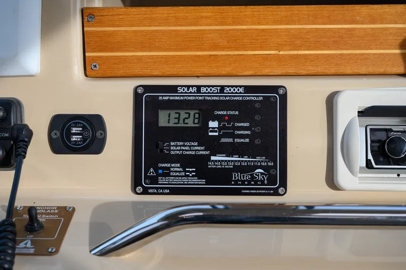  Yacht Photos Pics 2012 Aspen C90 solar charge controller display showing 13.28 volts, Blue Sky Energy model.