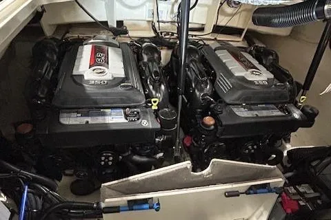  Yacht Photos Pics 2021 Sea Ray SLX 310 engine compartment with dual 6.2L engines.