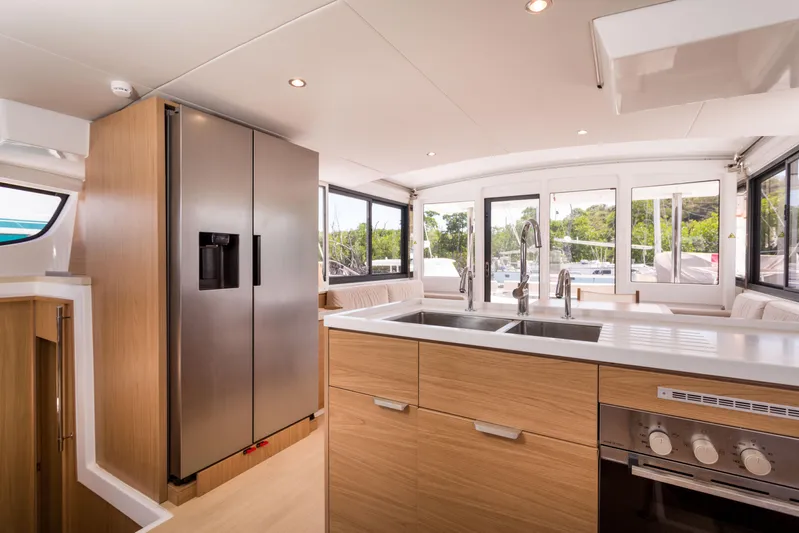 Tikka Yacht Photos Pics Modern kitchen interior on 2024 Bali 4.6 yacht with stainless steel appliances.