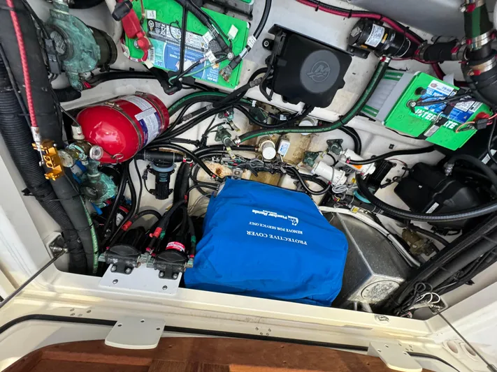  Yacht Photos Pics Engine compartment of a 2017 Boston Whaler 370 Outrage with wiring and components.