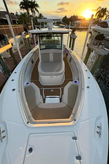  Yacht Photos Pics 2017 Boston Whaler 370 Outrage boat at sunset, docked by palm trees.