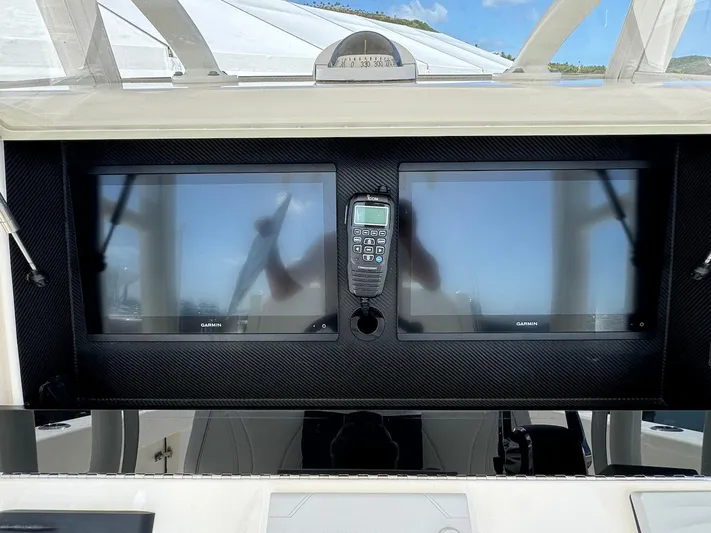  Yacht Photos Pics 2024 SeaVee 340Z dashboard with dual Garmin displays and communication device.