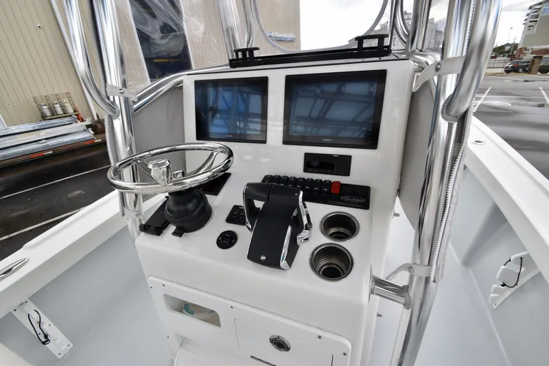  Yacht Photos Pics 2023 Pair Customs 24 Deep V boat console with dual screens.