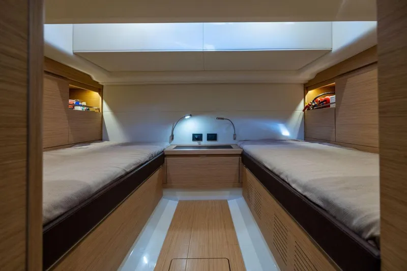 M/y Fizzy Yacht Photos Pics Luxurious interior cabin of 2021 Pardo 43 yacht with twin beds and modern lighting.
