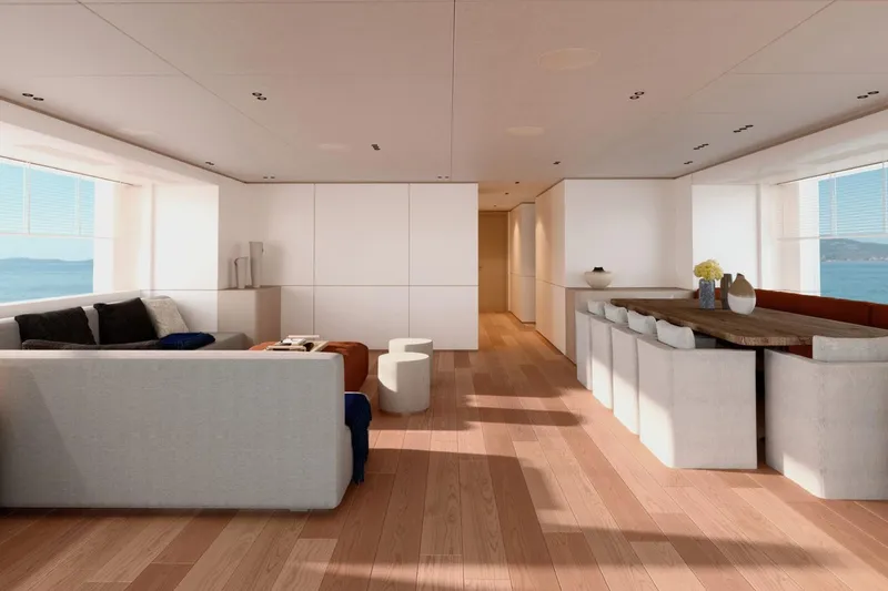  Yacht Photos Pics Luxurious interior of 2027 Benetti Oasis 40M yacht with modern furnishings and ocean view.