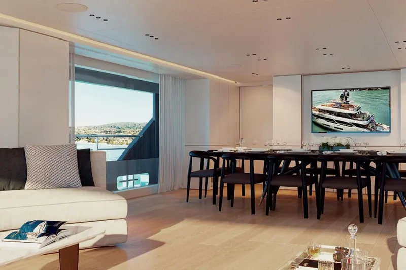  Yacht Photos Pics Luxurious interior of 2027 Benetti Oasis 40M yacht with elegant dining area and scenic views.