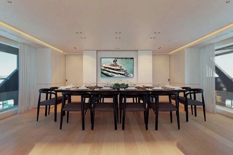  Yacht Photos Pics Luxurious dining area on 2027 Benetti Oasis 40M yacht, featuring elegant table setting.