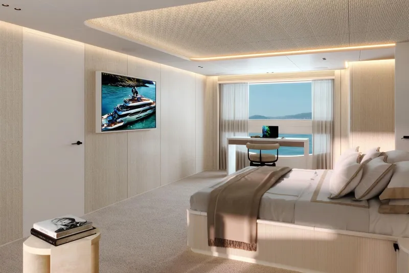  Yacht Photos Pics Luxurious bedroom interior on 2027 Benetti Oasis 40M yacht with ocean view.