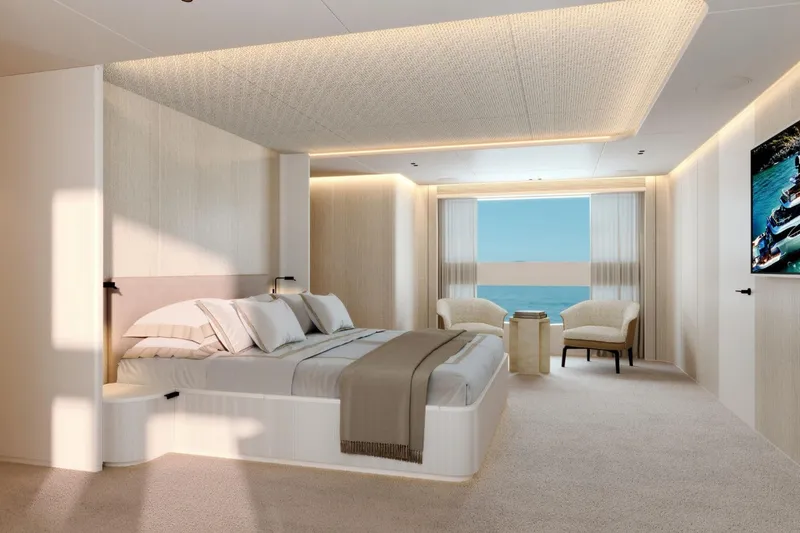 Yacht Photos Pics Luxurious bedroom interior on Benetti Oasis 40M yacht, 2027 model, with ocean view.