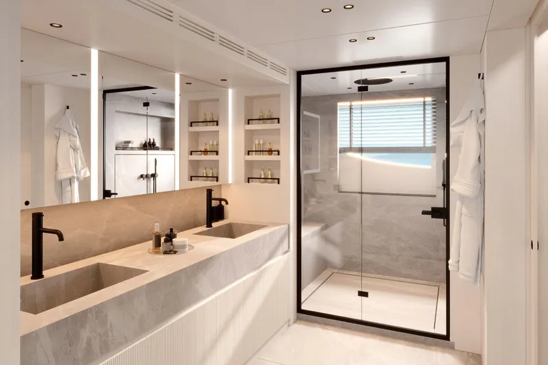  Yacht Photos Pics Luxurious bathroom on Benetti Oasis 40M yacht, featuring dual sinks and a glass-enclosed shower.