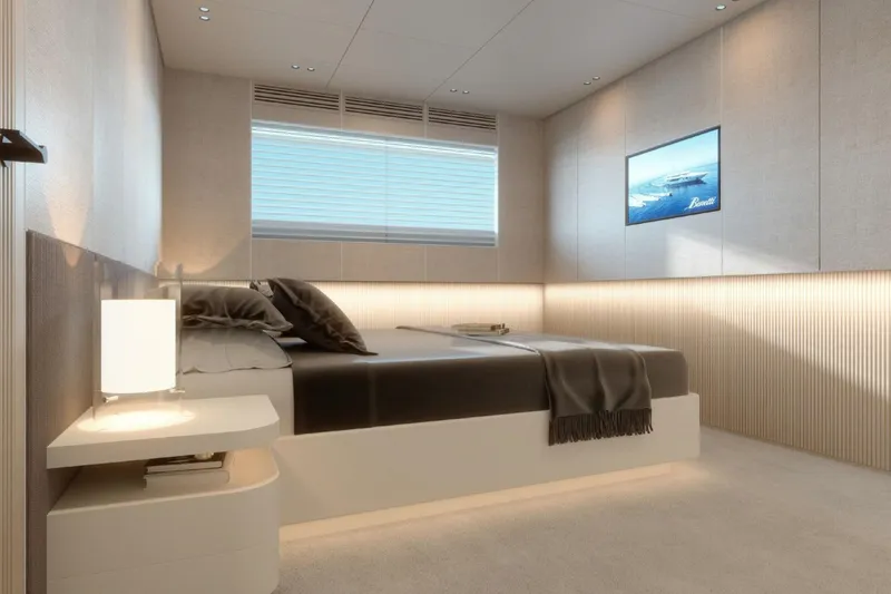  Yacht Photos Pics Luxurious bedroom interior of 2027 Benetti Oasis 40M yacht, featuring modern design and ambient lighting.