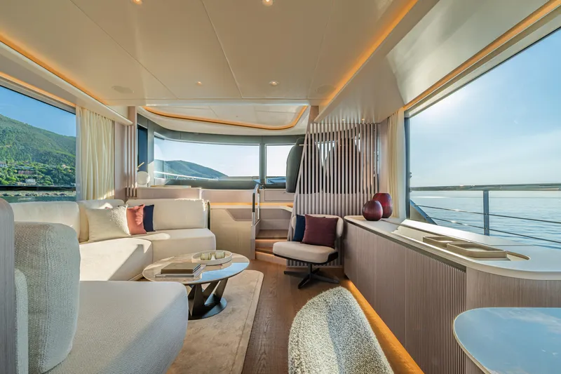  Yacht Photos Pics Luxurious interior of 2026 Absolute Navetta 62 yacht with panoramic windows and elegant furnishings.