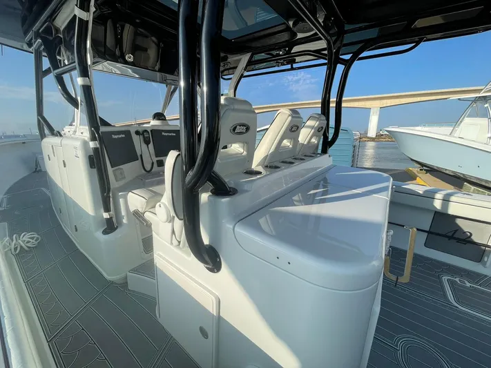 Saltwater Lady Yacht Photos Pics 2016 Yellowfin 42 boat interior with sleek seating and modern design.