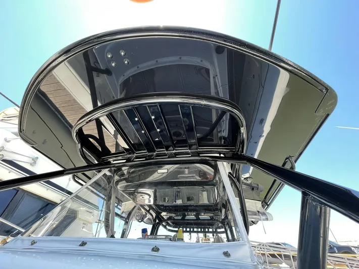 Saltwater Lady Yacht Photos Pics 2016 Yellowfin 42 boat with sleek black T-top and clear windshield.