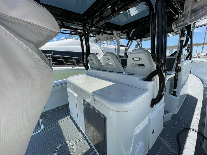 Saltwater Lady Yacht Photos Pics 2016 Yellowfin 42 boat interior with sleek seating and modern design.