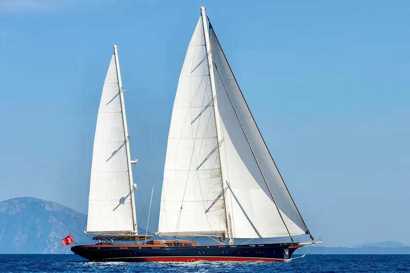 Sallyna Yacht Photos Pics Elegant 2023 Su Marine sailing yacht with white sails on open sea.