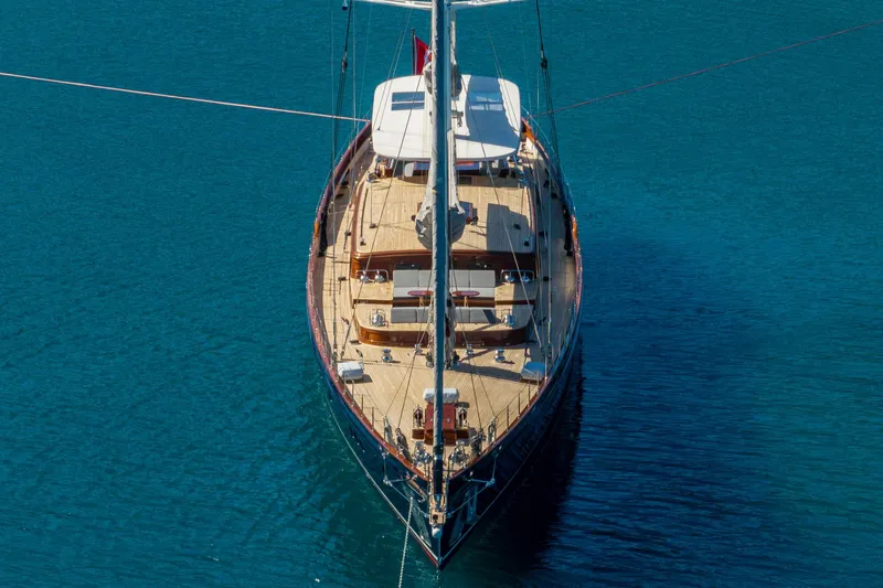 Sallyna Yacht Photos Pics Luxurious 2023 Su Marine sailing yacht on tranquil blue waters, aerial view.