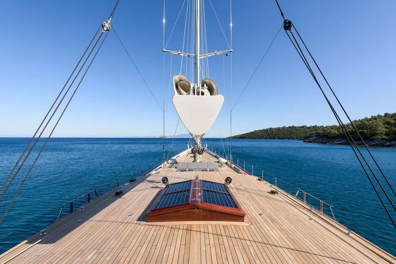 Sallyna Yacht Photos Pics Luxurious 2023 Su Marine sailing yacht on serene blue waters, clear sky backdrop.