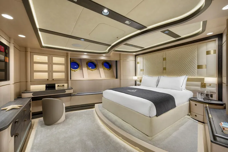 Sallyna Yacht Photos Pics Luxurious 2023 Su Marine sailing yacht bedroom with elegant decor and modern amenities.