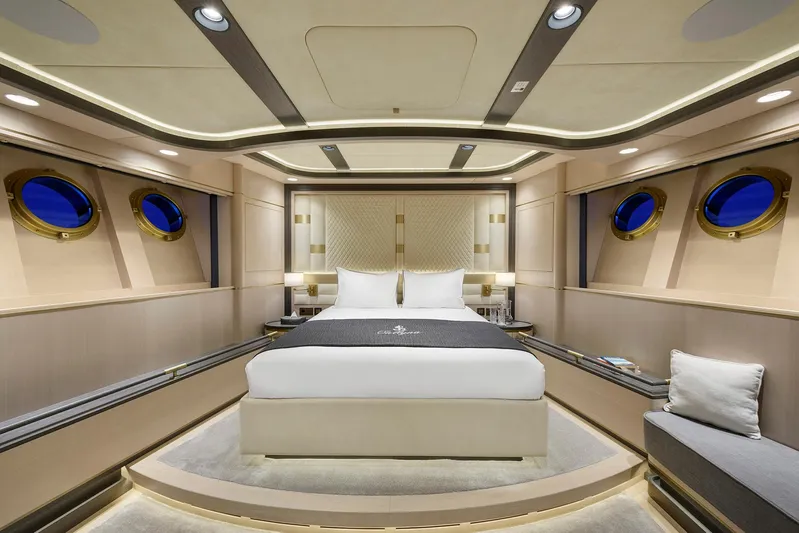 Sallyna Yacht Photos Pics Luxurious 2023 Su Marine sailing yacht bedroom with elegant design and porthole windows.