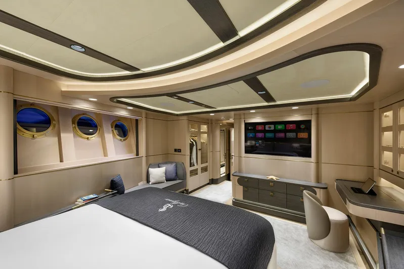 Sallyna Yacht Photos Pics Luxurious 2023 Su Marine sailing yacht cabin with modern decor and entertainment system.