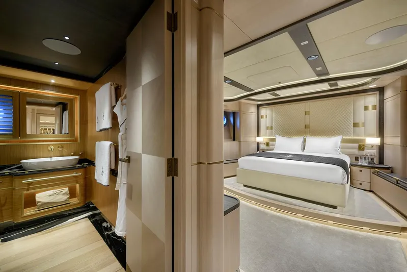 Sallyna Yacht Photos Pics Luxurious 2023 Su Marine sailing yacht interior with elegant bedroom and modern bathroom design.