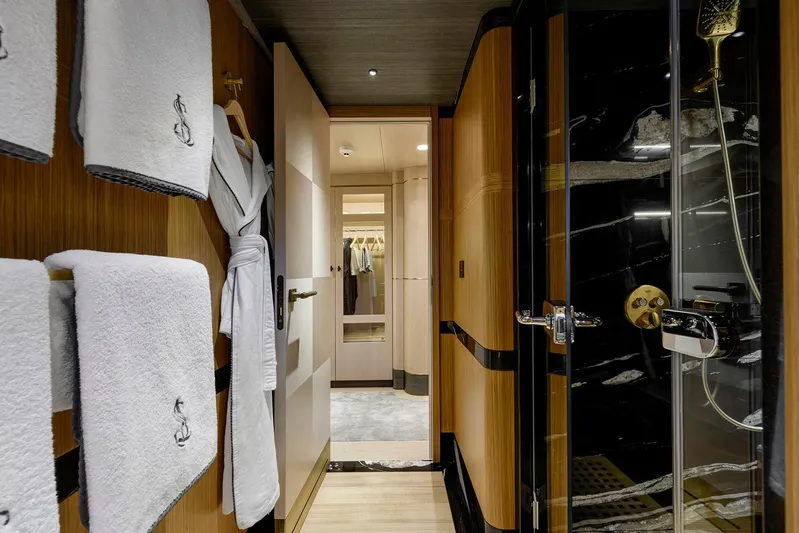 Sallyna Yacht Photos Pics Luxurious bathroom interior of 2023 Su Marine Sailing Yacht, featuring elegant wood and marble finishes.