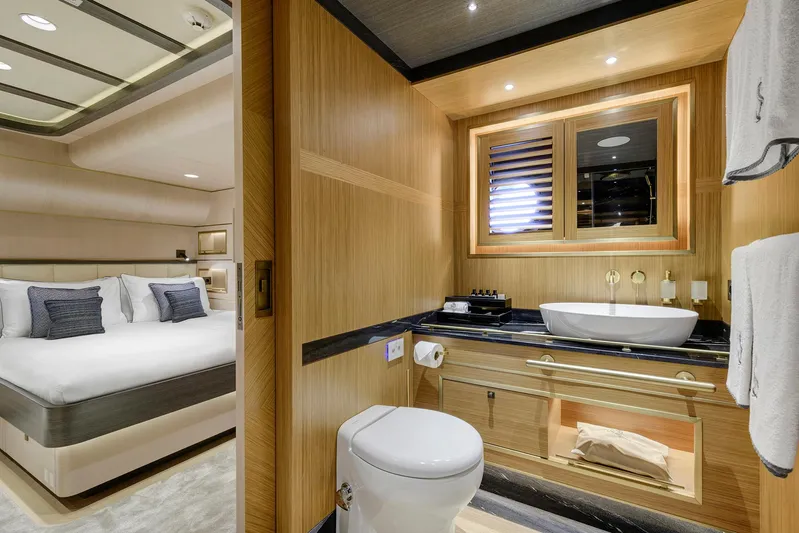 Sallyna Yacht Photos Pics Luxurious 2023 Su Marine sailing yacht interior with elegant bedroom and modern bathroom design.