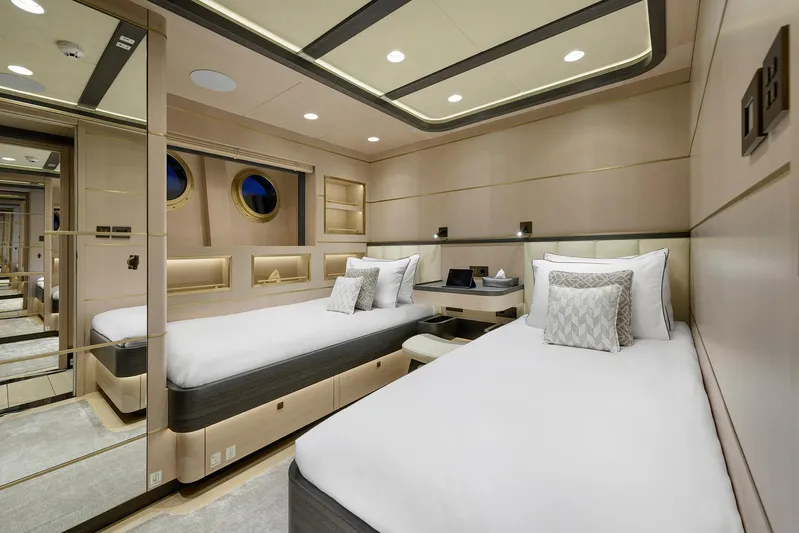 Sallyna Yacht Photos Pics Luxurious 2023 Su Marine sailing yacht cabin with twin beds and elegant decor.