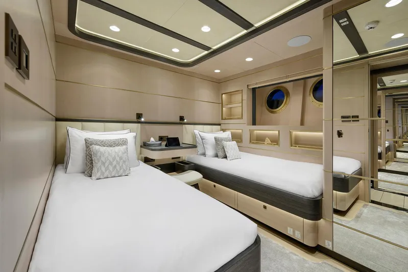 Sallyna Yacht Photos Pics Luxurious 2023 Su Marine sailing yacht cabin with twin beds and elegant decor.