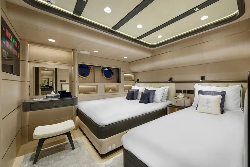Sallyna Yacht Photos Pics Luxurious 2023 Su Marine sailing yacht cabin with modern design and twin beds.