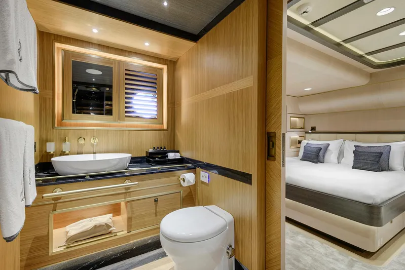 Sallyna Yacht Photos Pics Luxurious 2023 Su Marine sailing yacht interior with elegant bathroom and cozy bedroom.