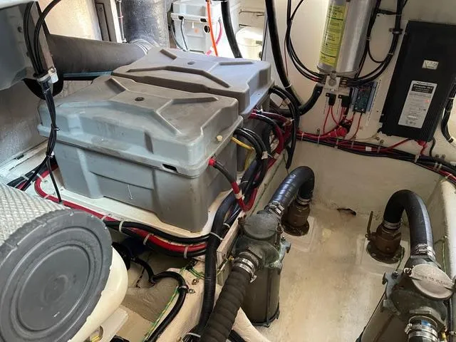 Jjetsdream Yacht Photos Pics Engine room of 1999 Maxum 4600 SCB boat with battery and wiring.