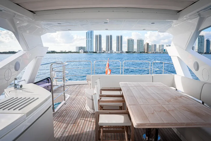Solaire Yacht Photos Pics Luxurious 2019 Sunseeker 76 Yacht deck with city skyline view.