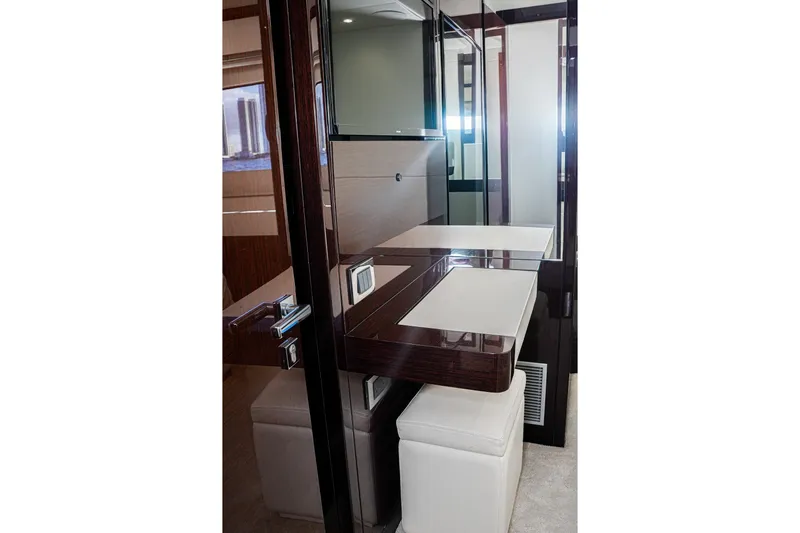 Solaire Yacht Photos Pics Luxurious interior of 2019 Sunseeker 76 Yacht with sleek wood and leather finishes.