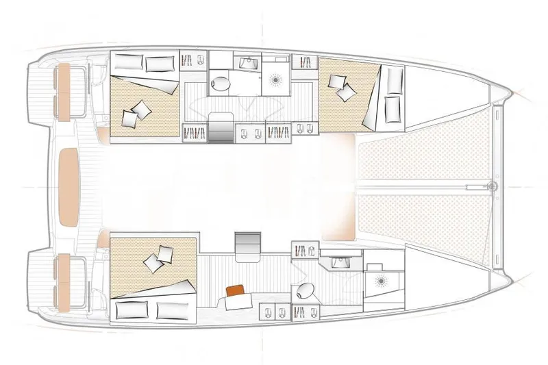 In Stock #169 Yacht Photos Pics Floor plan of 2024 Excess 11 catamaran, featuring cabins, bathrooms, and living areas.