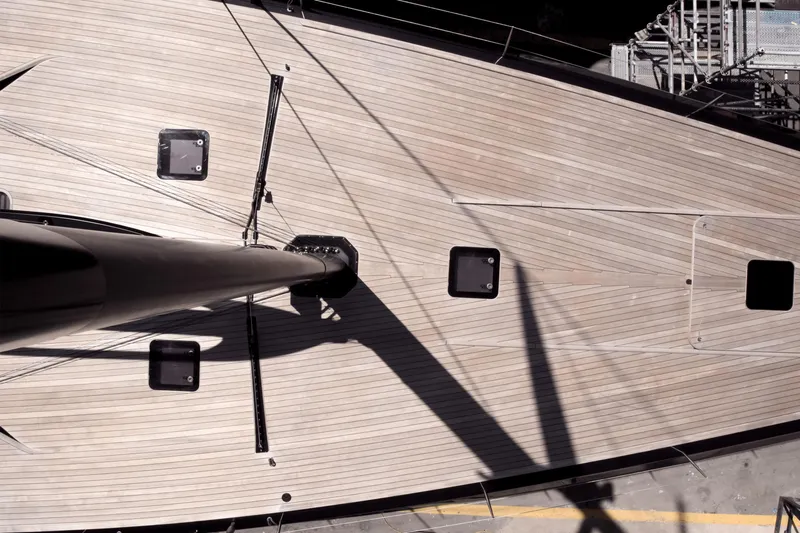 Bullitt Yacht Photos Pics Overhead view of 2018 Wally Custom yacht deck with sleek design and modern features.