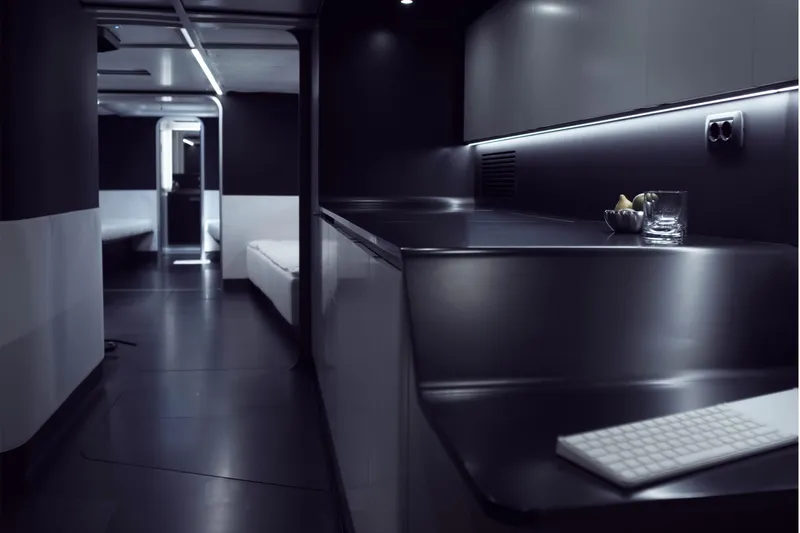 Bullitt Yacht Photos Pics Sleek interior of 2018 Wally Custom yacht with modern design and ambient lighting.