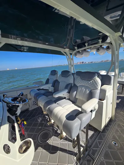  Yacht Photos Pics Interior of a 2017 HCB 42 Siesta boat with luxurious seating.