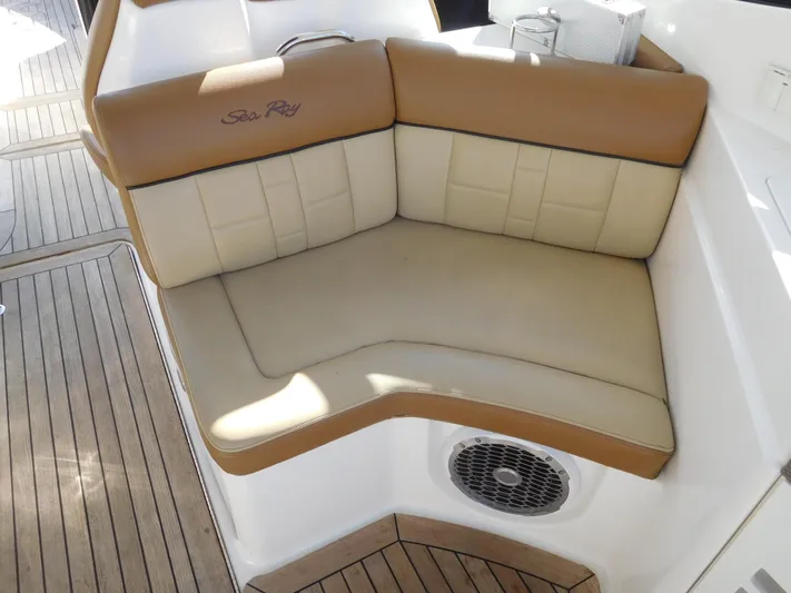  Yacht Photos Pics Luxurious seating on 2015 Sea Ray 350 SLX boat with tan and cream upholstery.