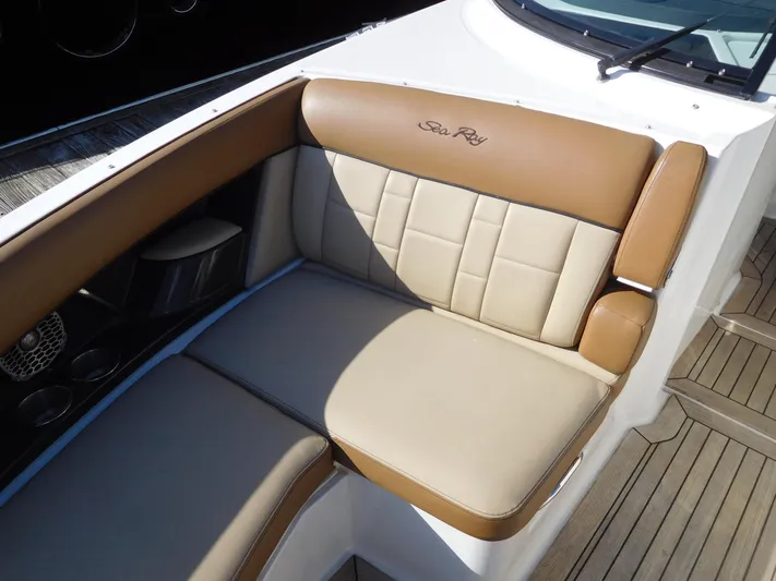 Yacht Photos Pics 2015 Sea Ray 350 SLX boat seating with tan upholstery and logo.